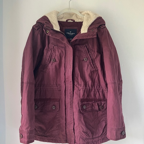 American Eagle Burgundy Winter Coat – Size Large – Sherpa-Lined Hood - Picture 1 of 6